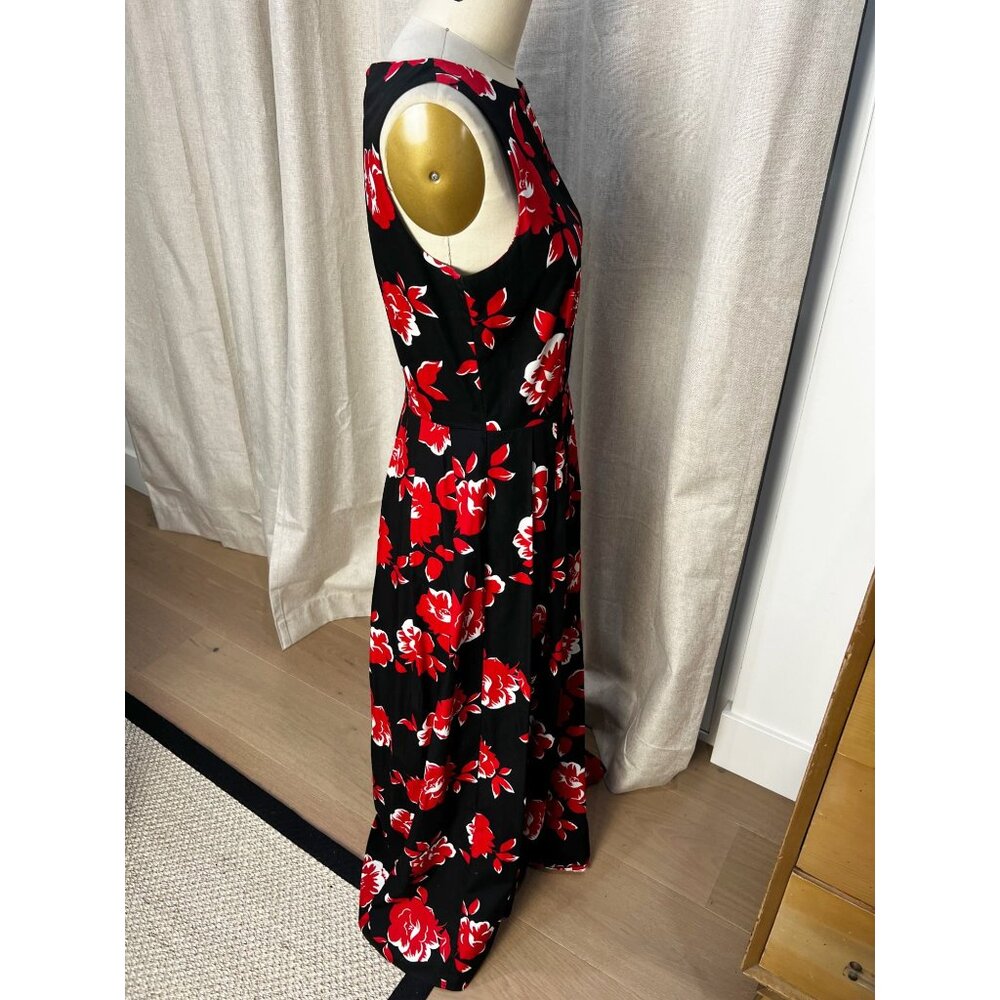 LAURA ASHLEY Floral Sleeveless Midi Dress Size US 6 UK 10 100% Cotton Black & Re - Picture 4 of 8